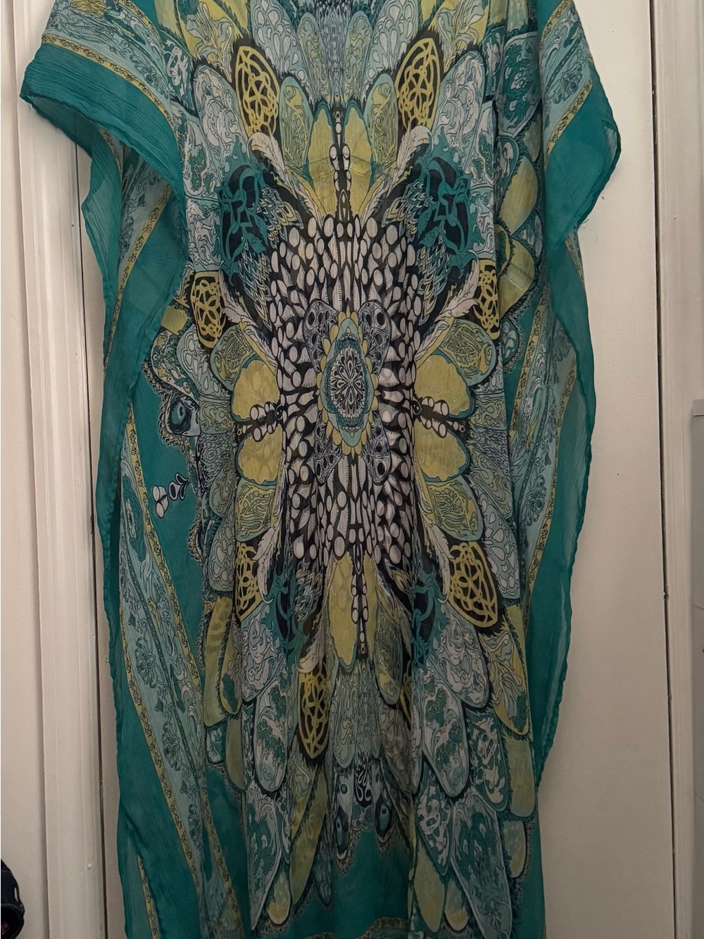 Teal Kaftan kimono Mandala swim coverup with Yellow and Aqua Accents.